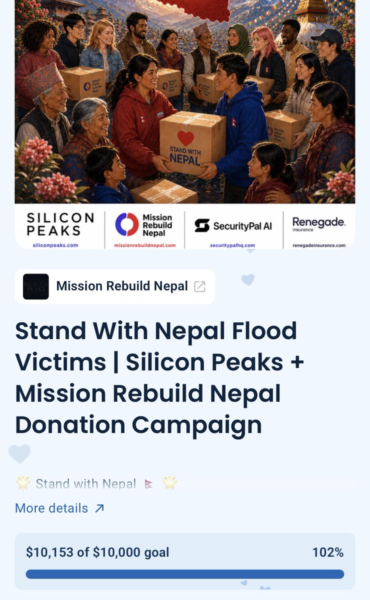 pchamal's tweet photo. We hit initial $10,000 goal thanks to you. 🙏

With the $1:1 match from SecurityPal AI @security_pal and @RenegadeIns, that’s $20,000 for the rebuilding effort in Nepal 🇳🇵! 

But we still have $10,000 in matching funds left!! Let’s not let those go to waste! 

So we’re raising the goal: $20,000 from you, $40,000 total.

Every dollar you give still doubles. Let’s keep going!! 

https://t.co/54mp8fm7gc