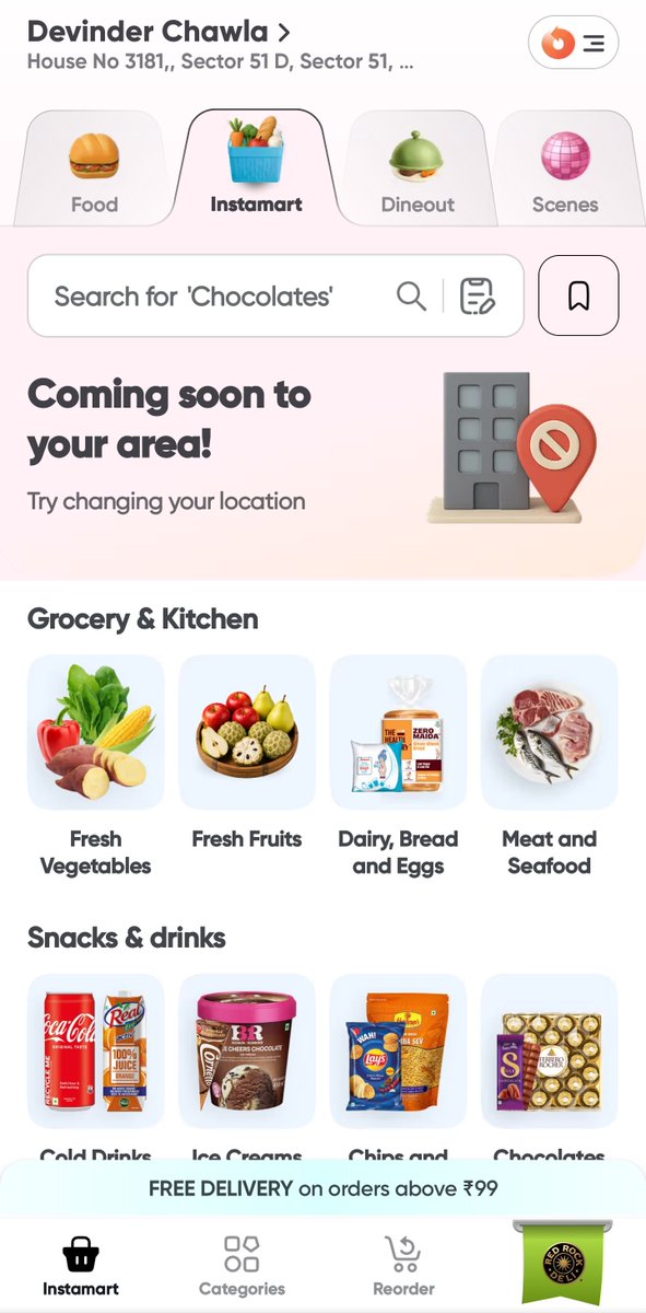 Himank_Chawla's tweet photo. @Swiggy @SwiggyCares I regularly used to order from instamart at my home address, last one week it shows area not serviceable on my account whereas shows serviceable on different account. Please help https://t.co/Gc4RTK9Zp8