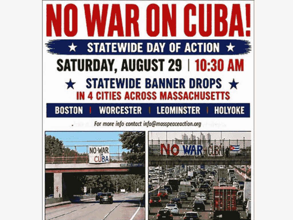 EmbaCubaUS's tweet photo. Activists in Massachusetts displayed banners across the state today bearing a forceful message—"No to the war on Cuba"—in response to the escalating economic and military pressure from the Donald Trump administration. https://t.co/TyNznHJXJM
