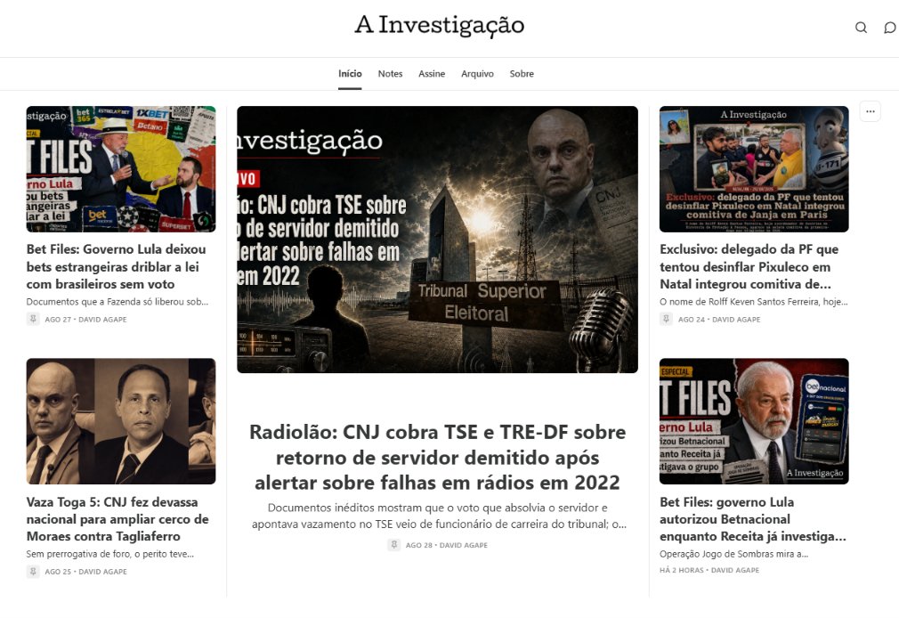 david_agape_'s tweet photo. Na página inicial de @a_investigacao nem cabem todas as reportagens EXCLUSIVAS que publicamos essa semana! Estou exausto... 😣

Segunda-feira tem mais Vaza Toga e BetFiles. Bom domingo a todos! 

PS: Quer me pagar um café? Acesse: https://t.co/3aEol2K10L https://t.co/hCmzZf1KGF