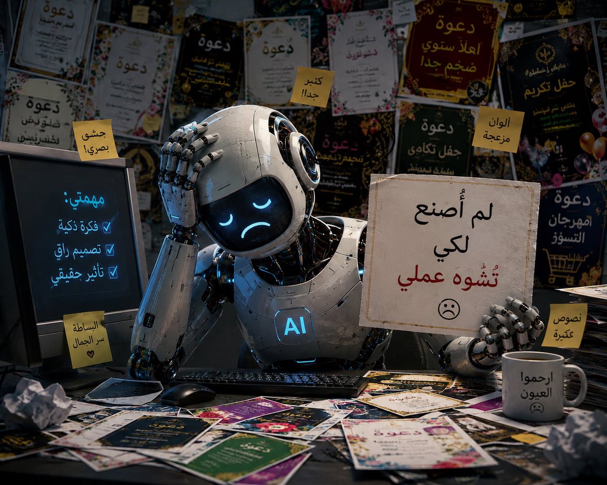 ahmadalmuhsn's tweet photo. في عصر الذكاء الاصطناعي، توقعنا قفزة في صناعة التصاميم والدعوات، لكن ما نراه أحيانًا هو العكس، حشو بصري وتكدس معلومات وغياب لبصمة وجماليات المصممين سابقاً.
اذا لا تعرف تعطي برومبت دقيق ومميز الافضل الاستعانة بمصمم اريح لك ولنا، من التشوه البصري اللي قاعدينه نشوفه.
#الذكاء_الاصطناعي