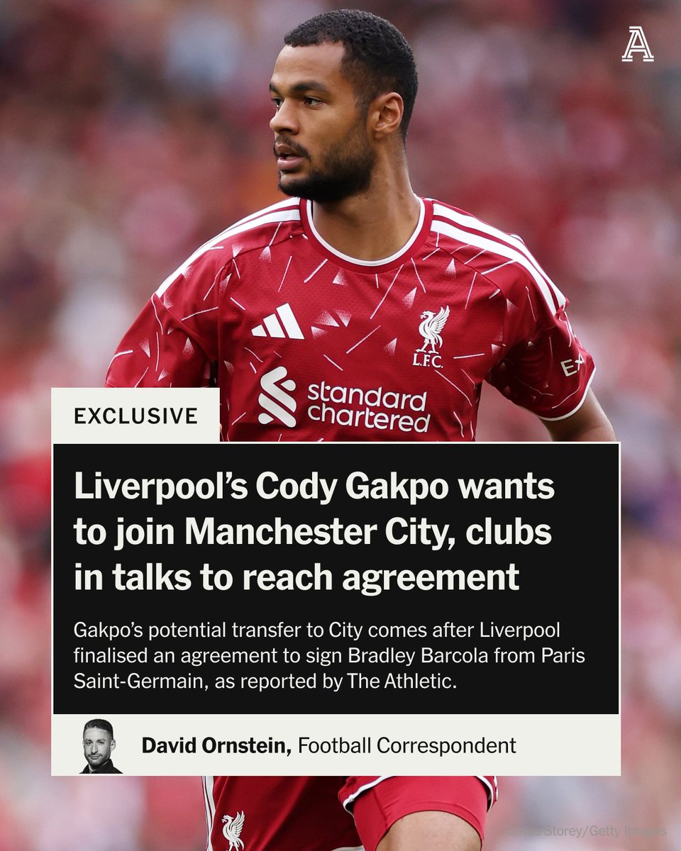 TheAthleticFC's tweet photo. Liverpool forward Cody Gakpo has decided to join Manchester City, and all parties are now in talks to reach an agreement.

The 27-year-old has decided against a move to Tottenham Hotspur and wants to complete a move to the Etihad.

The Netherlands international started and provided an assist in Liverpool’s 2-2 draw with Nottingham Forest on Saturday.

Exclusive story from @David_Ornstein ⬇️

🔗 https://t.co/9CuxxdCmSz