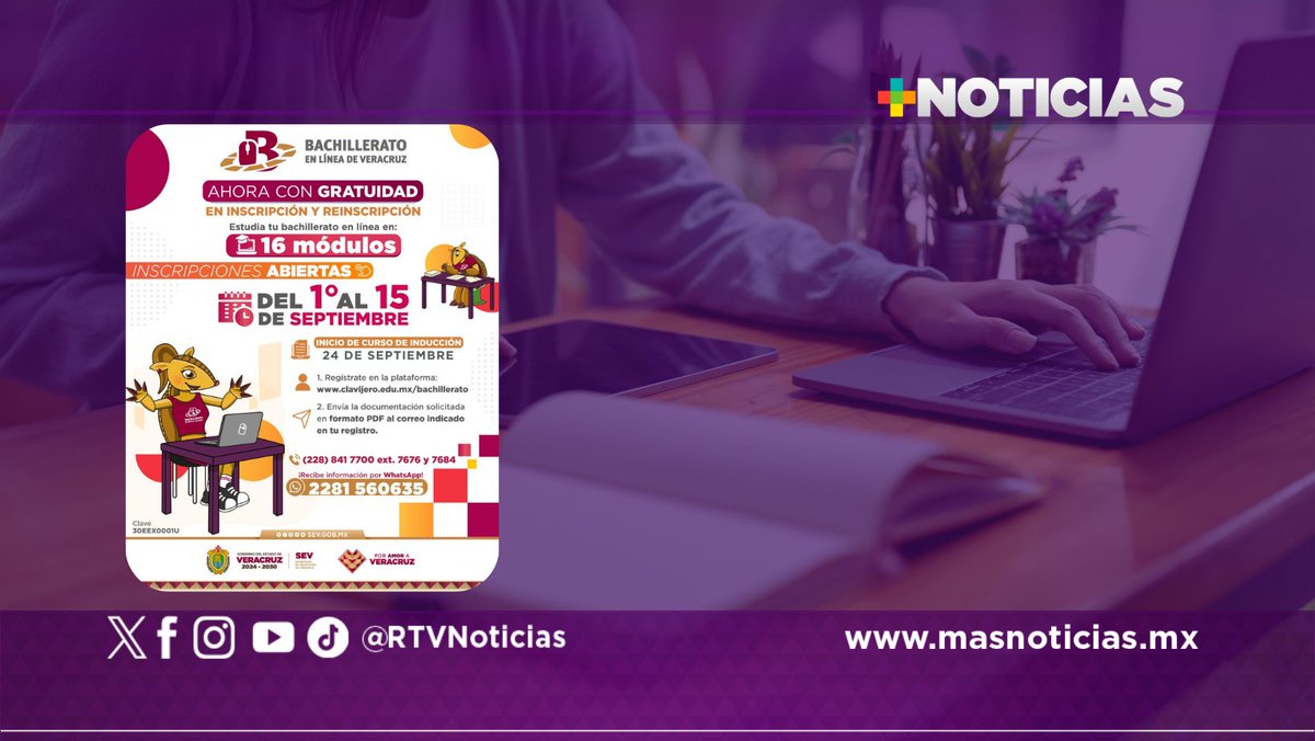 MasNoticiasRTV's tweet photo. Invita #SEV a jóvenes a continuar sus estudios mediante el #Bachillerato en #Línea
Más información 👇
https://t.co/3aEO2vbDQ9 https://t.co/uVdVrJtW5U