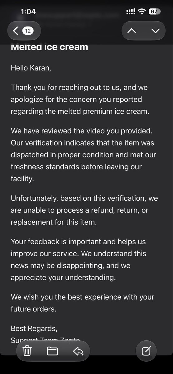 hasejakaran's tweet photo. @zeptocares @aadit_palicha @v0hra Why are you spending so much money on your customer support when all they have to do is send these standardised templates? Received a premium ice cream in melted condition and this is the response i got, which I also got when I had bad milk https://t.co/rTIklyM6NN