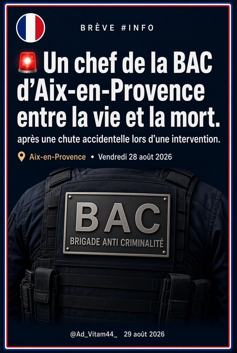 Ad_Vitam44_'s tweet photo. 🚨 Aix-en-Provence 13
👮🏻28 août 2026
Un chef de groupe de 45 ans de la BAC a chuté d’environ deux mètres sur la tête vendredi soir pendant la poursuite de suspects d’un vol à l’arraché.
Il a été pris de convulsions, transporté en urgence et placé en coma artificiel. Son pronostic vital est engagé.
Des individus ont été interpellés.
Force et courage à ce fonctionnaire et à ses proches. 🙏

Ad_Vitam44_✍🏼
29 août 2026