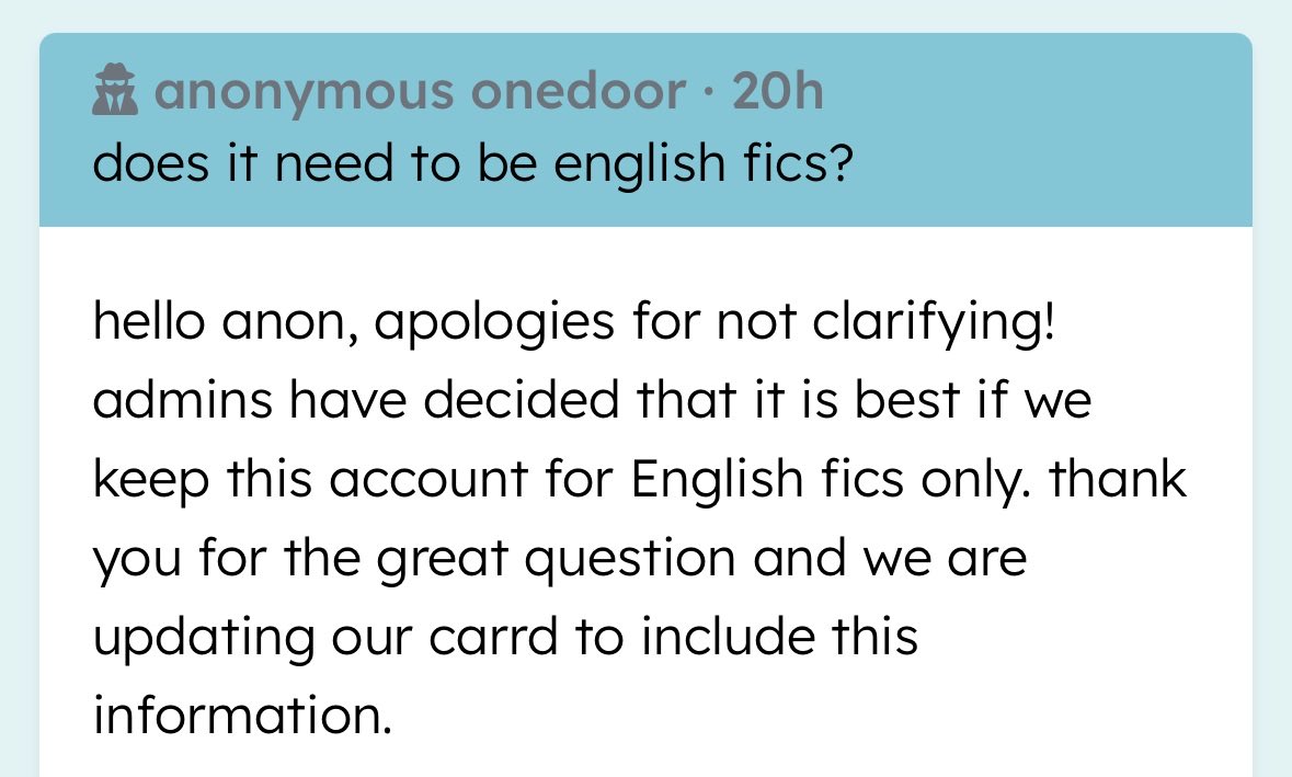 archiveof1door's tweet photo. does it need to be english fics? — hello anon, apologies for not clarifying! admins have decided that it is best if we keep this account for English fics only.… https://t.co/kLmPdIqGn1 https://t.co/y3jvt3kVQ5