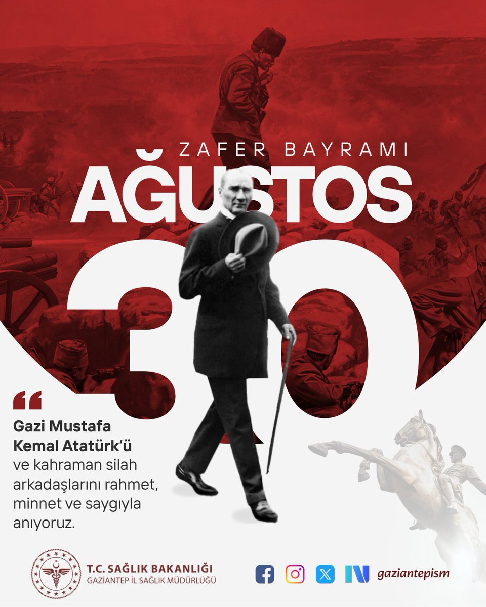 gaziantepism's tweet photo. Gazi Mustafa Kemal Atatürk’ün önderliğinde, aziz milletimizin birlik, beraberlik ve sarsılmaz inancıyla kazanılan Büyük Zafer’in yıl dönümünü gurur ve coşkuyla kutluyoruz.

Bu eşsiz zaferle bizlere bağımsız ve güçlü bir vatan bırakan tüm kahramanlarımızı rahmet, minnet ve saygıyla anıyoruz.

30 Ağustos Zafer Bayramımız kutlu olsun! 🇹🇷

#30ağustoszaferbayramı

@saglikbakanligi
@gantepvaliligi
@drbeytullahsahn