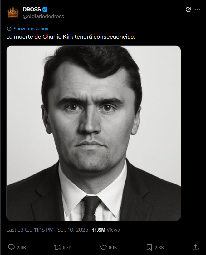 xPodrii's tweet photo. "La muerte de Charlie Kirk tendrá consecuencias."

Las consecuencias: https://t.co/PJb9LUfsDR