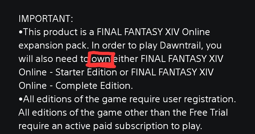 wayneisboss's tweet photo. Argument doesn't hold dew, let alone water.

The language used on their own digital storefront when looking to PURCHASE expansion packs for games runs in complete conflict of this idea and clearly communicates ownership of titles bought on their platform to the layman consumer. https://t.co/TGWtsiDlfn