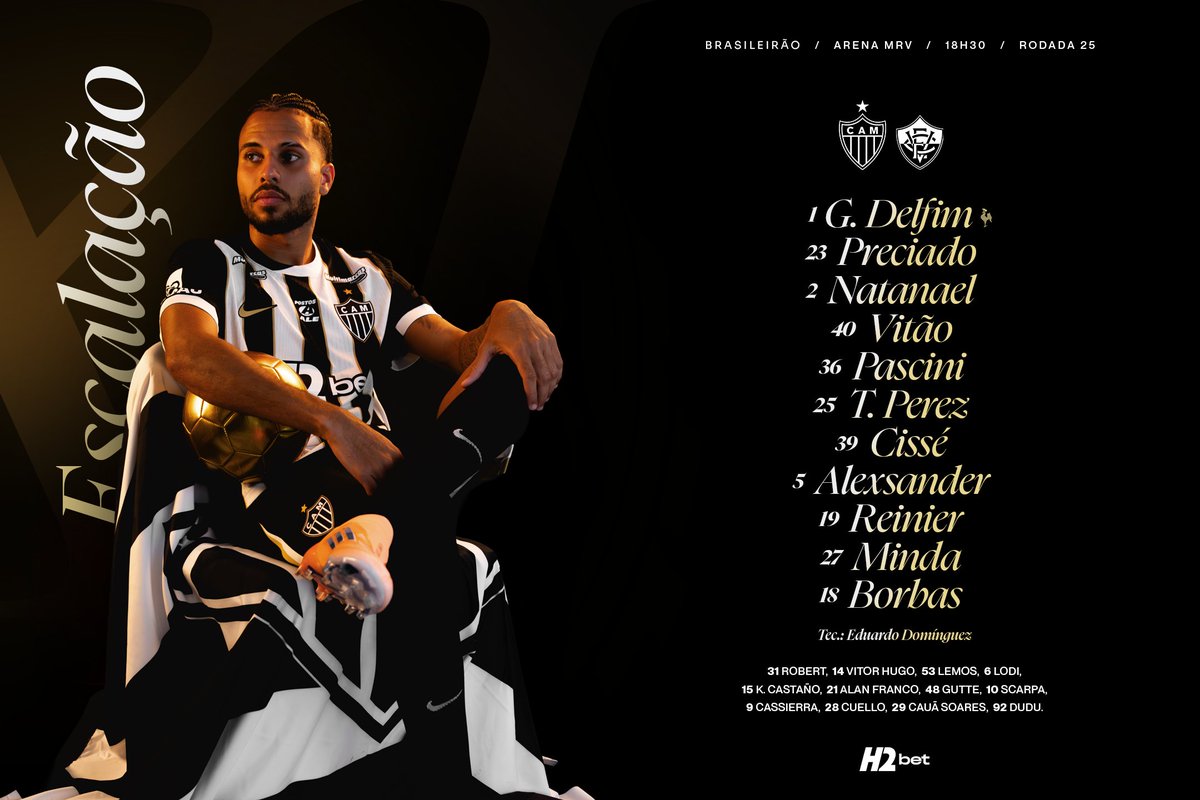 Atletico's tweet photo. 📋 GALO ESCALADO! Veja a nossa escalação para enfrentar o Vitória, na Arena MRV, pelo Brasileirão! 

📺 Premiere 

#VamoGalo #CAMxVIT 🏴🏳️ https://t.co/VDji7BMETH