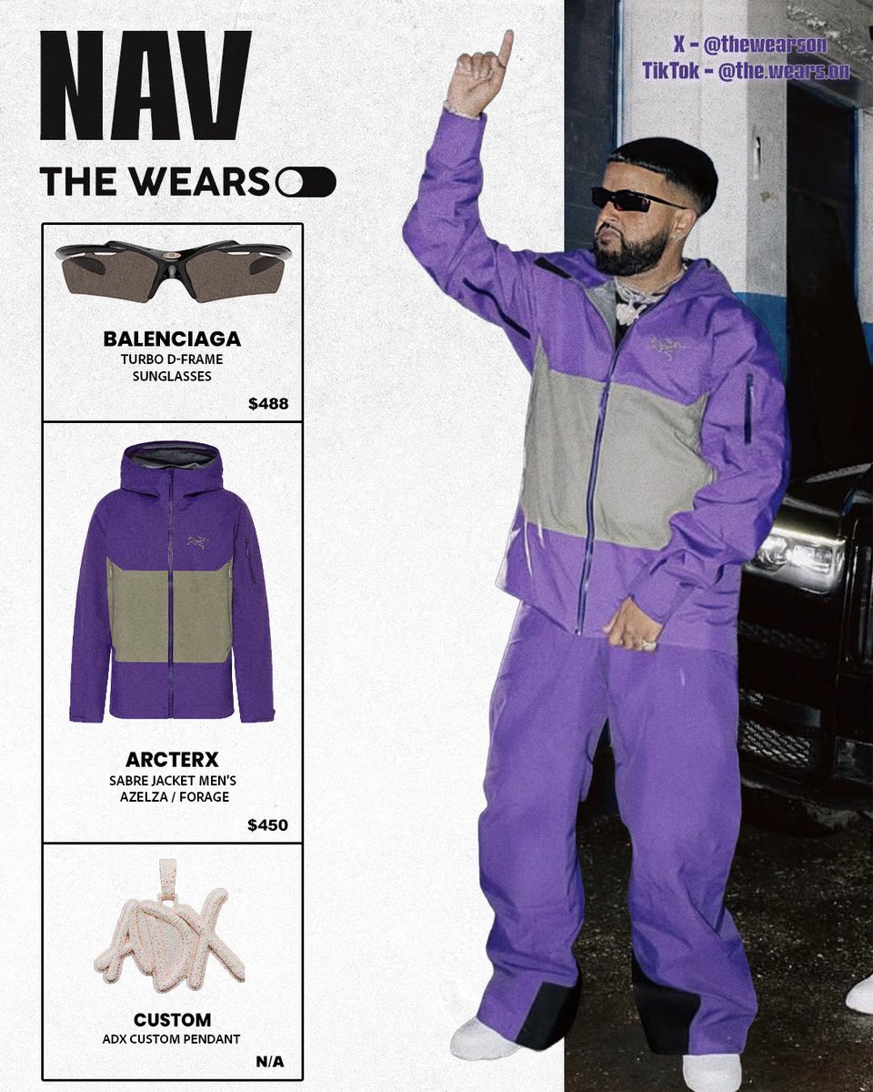 thewearson's tweet photo. FIT CHECK - @beatsbynav 

One of NAV’s standout looks from the “POP MY SHIT” music video, pairing a bold purple Arc’teryx set with Balenciaga’s futuristic Turbo D-frame sunglasses for a clean techwear finish.

WEARING

• Balenciaga Turbo D-Frame Sunglasses - $488
• Arc’teryx Sabre Jacket - $450
• Custom ADX Pendant - N/A

ON or OFF ⁉️

FUN FACT

NAV’s “Call Me” would fit perfectly on a GTA VI radio station during a Vice City sunset. 🌴🌅

Would you agree ? 👀

#TheWearsOn #Fashion #gtavı #streetwear