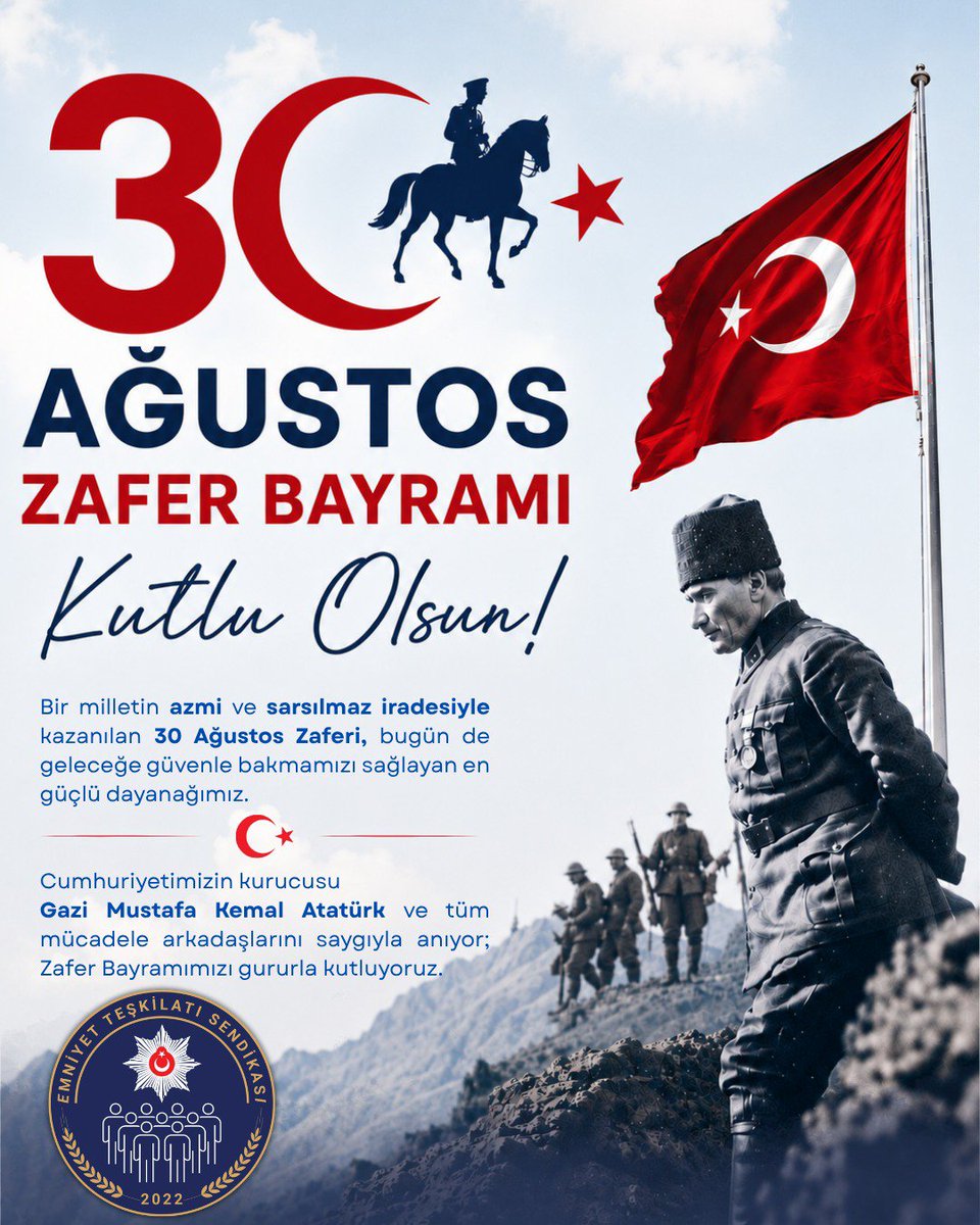 EmniyetTS's tweet photo. Bir miletin azmi ve sarsılmaz iradesiyle kazanılan 30 Ağustos Zaferi, bugün de geleceğe güvenle bakmamızı sağlayan en güçlü dayanağımız.

Cumhuriyetimizin kurucusu Gazi Mustafa Kemal Atatürk ve tüm mücadele arkadaşlarını saygı ve minnetle anıyor, Zafer Bayramımızı gururla kutluyoruz.

#30Ağustos #ZaferBayramı