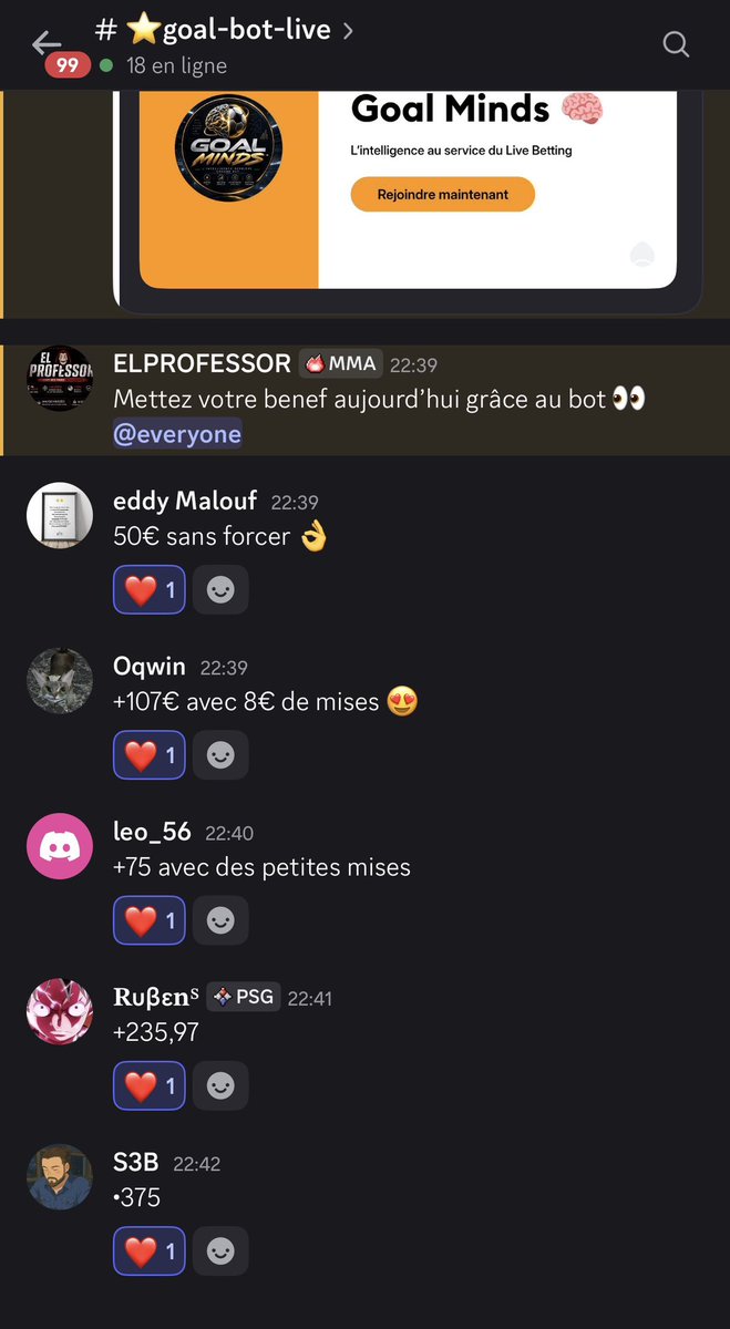 GoalMindsoff's tweet photo. 🥂Bilan de nos membres avec le bot 🤖

Que des résultats positifs / pour certains +235€/+375€ 🥰

👉Quelques beaux tickets @ 7 &amp; @ 13,00 

🔥Et c’est pas finis , cette nuit MLS &amp; Mexique

Ne rates aucune alertes 🔗 https://t.co/ZaZUVSXvPn

#TeamParieur #Gambling𝕏 #Parionssport https://t.co/gztu5WbZxL