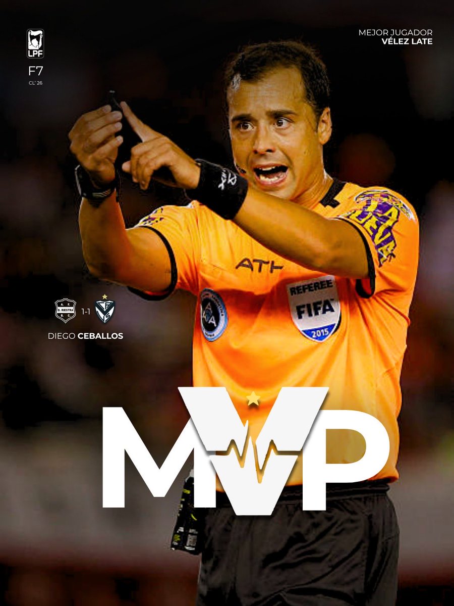 VelezLate's tweet photo. 🌟 DIEGO CEBALLOS, el MVP elegido por @VelezLate

🖥️ 1/1 llamados para anular goles.

✅ El factor determinante para empate entre #Vélez y Riestra. https://t.co/pUYXJ73elt