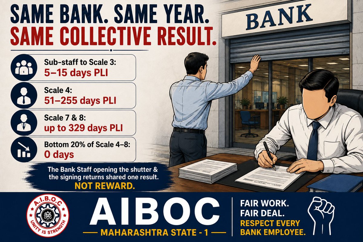 aiboc_ms1's tweet photo. Same Bank. Same year. Same collective result
Sub-staff to Scale 3: 5–15 days PLI
Scale 4: 51–255 days
Scale 7 &amp; 8: up to 329 days
Bottom 20% of Scale 4–8: 0 days
The Bank Staff opening shutter &amp; signing returns shared one result,Not reward!!
#5DayWeekandFairPLI 
@nilesh_pawar15 https://t.co/K6AcblQwCj