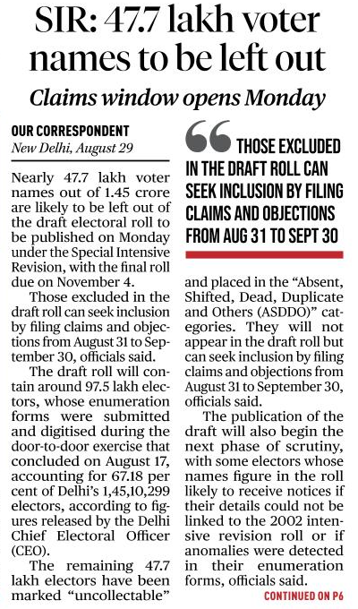 iyer_sk's tweet photo. Nearly 47.7 lakh voter names out of 1.45 crore are likely to be left out of the draft electoral roll under the SIR, in Delhi https://t.co/rPWeQ8XvQZ