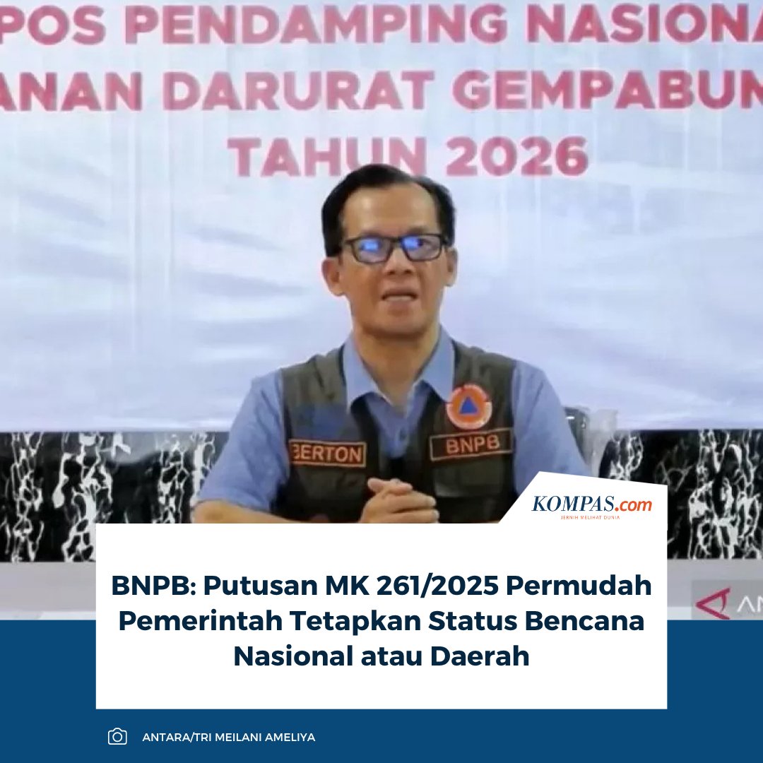 kompascom's tweet photo. Baca di sini: https://t.co/5HEA5EbnGg

BNPB menghormati putusan MK yang memperjelas penetapan status bencana nasional, dengan minimal tiga dari lima indikator terpenuhi dan jumlah korban menjadi indikator utama.

~IQ #BNPB #BencanaNasional https://t.co/9N0XsJMvKs