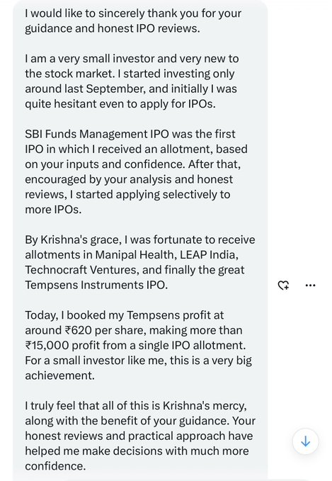 c4r01ineee's tweet photo. Tempsens Instruments India IPO allotment made his day &amp; his message made my day https://t.co/pgSL8qo1dU