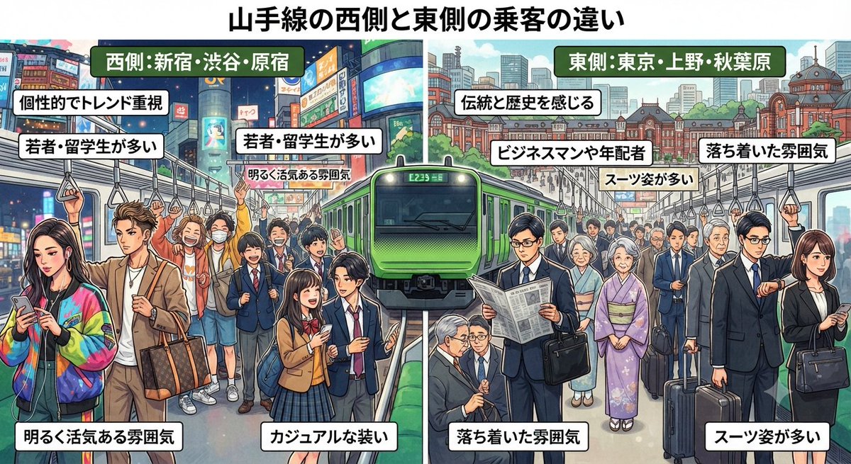 tokyo_passage's tweet photo. 山手線でも西側と東側では客層が全然違うんだよな。 https://t.co/9MsXITTUxi