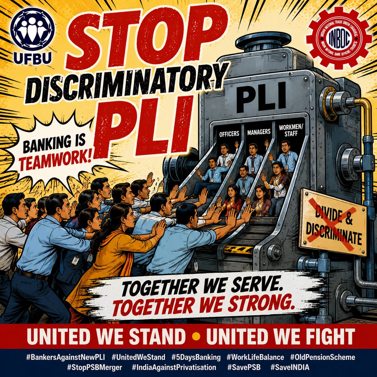 inboc_intuc's tweet photo. STOP DISCRIMINATORY PLI! ✊🔥

Banking is TEAMWORK, not a competition between cadres. Officers, employees and staff work together every day to serve the nation and build stronger banks. A PLI framework must be fair, transparent and collectively acceptable.

Together we serve. Together we stand. Together we fight for justice!

🔥 #5DayWeekandFairPLI 🔥

@UFBUIndia @AIBEAofficial @aiboc_in @ncbeofficial @CBOFofficial @CBOAofficial @fboioa_india @BOIOAMNG @BOIOAVidarbha @aiboc_ms1 @ChVenkatachalam @nshankarunion1 @LalitaAibea @DTuljapurkar @rupamsmail @nilesh_pawar15 @AshishTekale_ @MDhondse @avijitpandey @aitucindia @AICCTUhq @sewacomm @cituapc @uniglobalunion @ChristyHoffman @luc_triangle @ituc @ilo @GilbertFHoungbo @IFJGlobal @eduint @psiglobalunion @DFS_India @FinMinIndia @LabourMinistry @PMOIndia @nsitharaman @nsitharamanoffc @ChiefIba @ChairmanIba @CLCMOLE

#5DayWeekandFairPLI #BankersAgainstNewPLI #UnitedWeStand #5DaysBanking #WorkLifeBalance #OldPensionScheme #StopPSBMerger #IndiaAgainstPrivatisation #SavePSB #SaveINDIA #BankEmployees #BankUnions #BankingSector #PublicSectorBanks #PSB #WorkersUnity #TradeUnions #CollectiveBargaining #FairPLI #StopDiscriminatoryPLI #BankersUnity #SavePublicSectorBanks #EmployeeRights #WorkersRights #LabourRights #DecentWork #UnitedWeFight #BankingForPeople