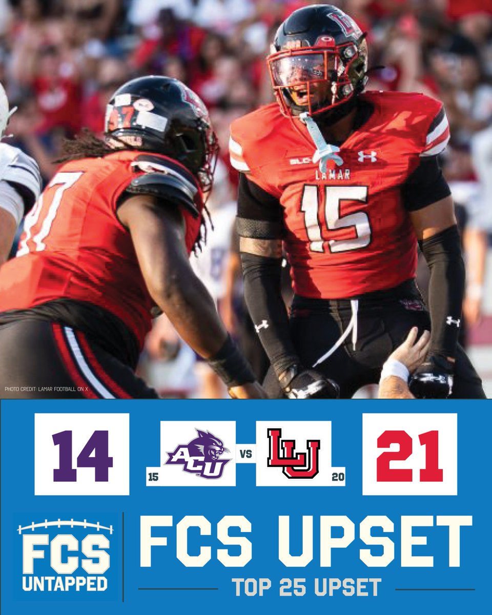 FCSUntapped's tweet photo. No. 20 Lamar defends home turf and knocks off No. 15 Abilene Christian to start its 2026 campaign.

#FCSUntapped | #NCAAFCS https://t.co/rlRZwPMawS