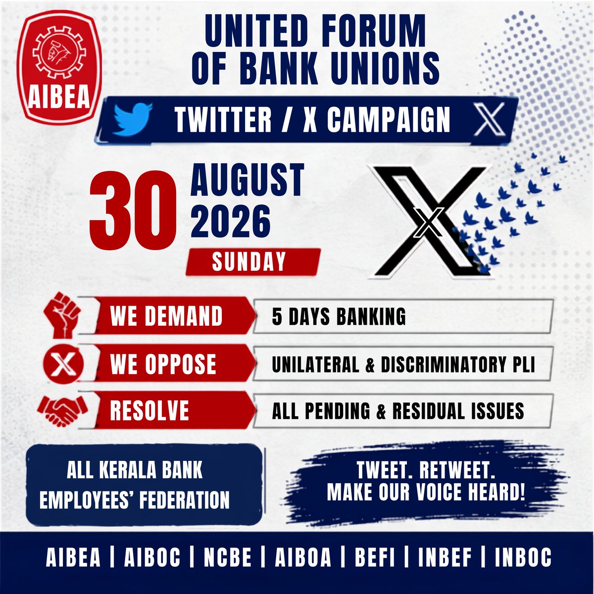 akbefAIBEA's tweet photo. #5DayWeekandFairPLI
FIVE DAYS BANKING — LONG OVERDUE
JUSTICE IN PLI — OUR RIGHT
PENDING ISSUES — NO MORE DELAY
FROM EVERY BRANCH, ONE VOICE
FROM EVERY EMPLOYEE, ONE DEMAND
FROM EVERY UNION, ONE STRUGGLE
BANK EMPLOYEES UNITY — ZINDABAD
#UFBU #AIBEA #AKBEF https://t.co/y0uKG9QaVZ