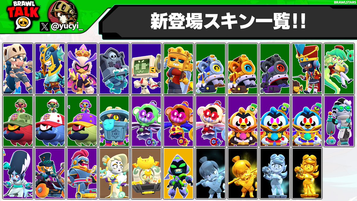 yucyi_'s tweet photo. 【8/30 ブロスタトークまとめ①】

・新バフィー6体&amp;新ハイチャ2体追加！

・スキン32種登場！

・新キャラ"コスモ"と"ヴィンス"が登場‼︎

・デュオリンゴコラボ開催決定！

・無敵時間の仕様&amp;キャラ画面UIが変更！

#ブロスタ https://t.co/2NXQPqKLTV