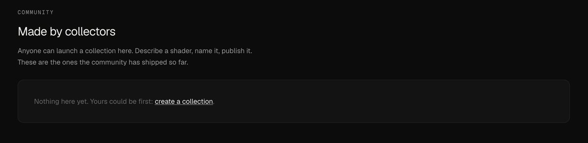 ShaderPons's tweet photo. Here's the part most people miss about Pons Shader Launchpad: it's not just our drops. Describe a shader in one sentence and the studio writes it, compiles it, and publishes it as your own collection, live on the site the same minute. 

There's a community section waiting. First one in gets featured.