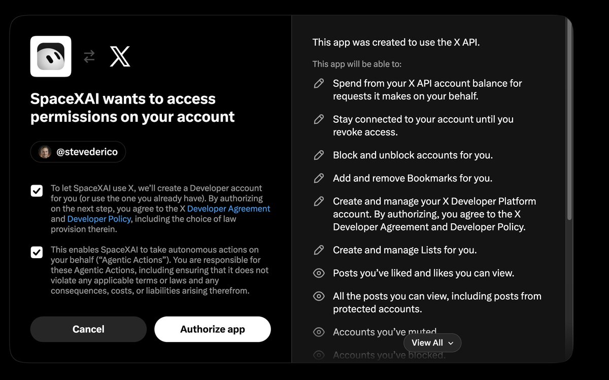 stevederico's tweet photo. Connect Grok @bot to your @X Account + receive $100 credit

thank you @SpaceXAI @Grok @XDevelopers https://t.co/e3XacTrFUU