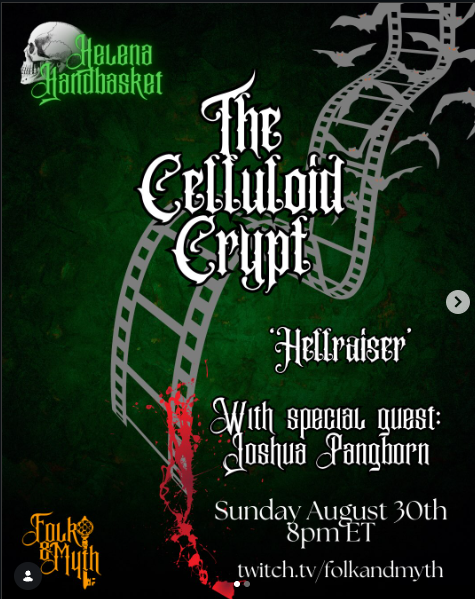 SidekickProd's tweet photo. Join me live on tomorrow's episode of The Celluloid Crypt with Helena Handbasket as we talk about one my favorite horror films, Hellraiser! https://t.co/Hg8OLptdIk
