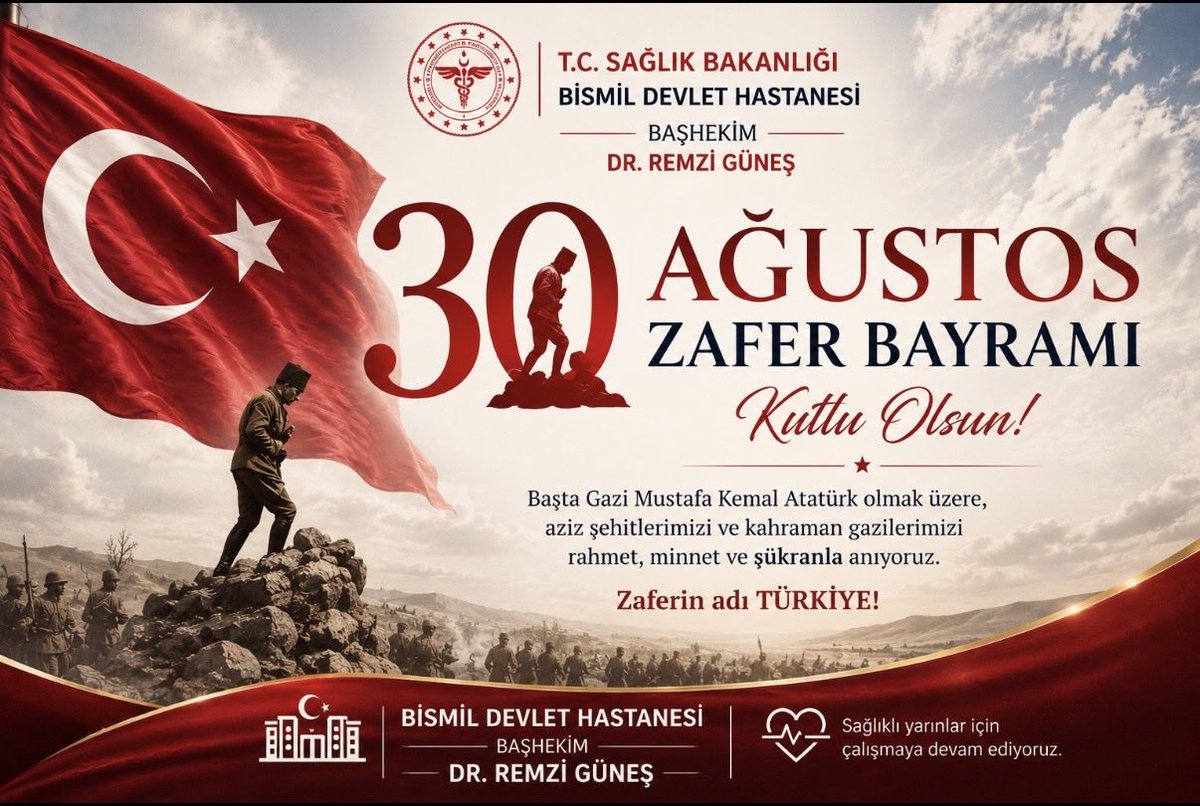 BismilDevletHas's tweet photo. 30 Ağustos Zafer Bayramı Kutlu Olsun!
Büyük Zafer'in 104'üncü yil dönümünde,
Cumhuriyetimizin Kurucusu, Büyük Taarruz'un Başkomutanı Gazi Mustafa Kemal Atatürk'ü ve silah arkadaşlarını minnetle yâd ediyoruz.
#30AğustosZaferBayramı https://t.co/3lHaEszKP6