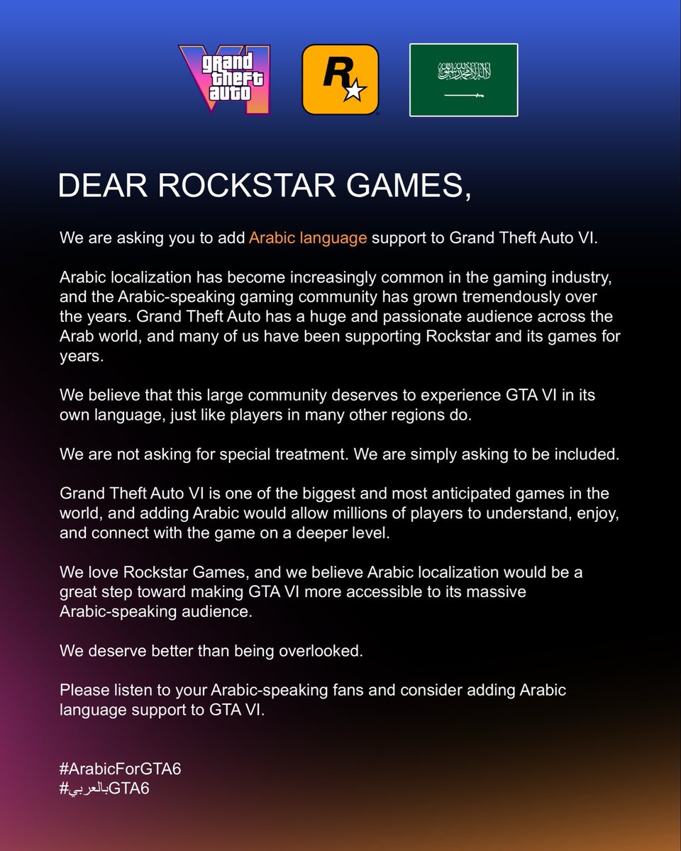 emad_018's tweet photo. We’ve been asking for Arabic support for years.

GTA VI is one of the biggest game releases ever, and millions of Arab players are waiting for it. 🇸🇦🌍

We don’t want much — just Arabic subtitles and text.

Rockstar, hear us. Add Arabic to GTA VI. ❤️‍🔥

@RockstarGames 
@RockstarSupport 
#ArabicInGTA6
#gtavı 
#GTA6 
#GTA