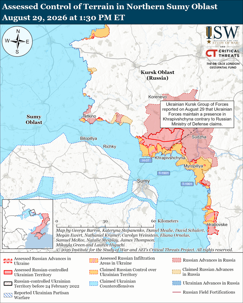 TheStudyofWar's tweet photo. NEW: Russian forces launched a prolonged combined drone and missile strike series against Ukraine, primarily targeting Kyiv City and Oblast, that lasted for more than 28 hours in an effort to maximize civilian damage and disrupt daily civilian functions on August 28 and 29. (1/2)

Other Key Takeaways:

Russian forces struck an ammunition warehouse on the western outskirts of Kyiv City on August 29, triggering secondary detonations and killing at least 37 people.

The Russian government extended the fuel export ban for direct producers despite continued efforts to posture stable domestic fuel supplies.

Ukrainian forces recently advanced in the Dobropillya direction.

Ukrainian forces struck the warehouses of major Russian online retailers in Rostov Oblast on August 27 to 28.