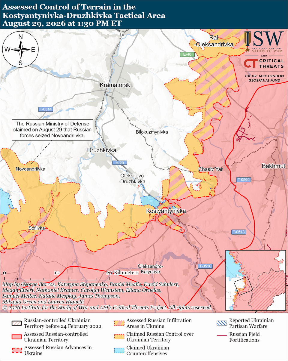 TheStudyofWar's tweet photo. NEW: Russian forces launched a prolonged combined drone and missile strike series against Ukraine, primarily targeting Kyiv City and Oblast, that lasted for more than 28 hours in an effort to maximize civilian damage and disrupt daily civilian functions on August 28 and 29. (1/2)

Other Key Takeaways:

Russian forces struck an ammunition warehouse on the western outskirts of Kyiv City on August 29, triggering secondary detonations and killing at least 37 people.

The Russian government extended the fuel export ban for direct producers despite continued efforts to posture stable domestic fuel supplies.

Ukrainian forces recently advanced in the Dobropillya direction.

Ukrainian forces struck the warehouses of major Russian online retailers in Rostov Oblast on August 27 to 28.