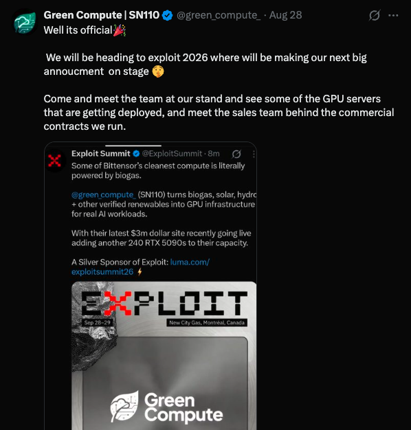 rBryer23's tweet photo. @green_compute_ Bittensor SN110 is an inference marketplace where only verifiably green GPUs get paid. 

UK biogas farms + 4090/5090s, OpenAI-compatible API & real enterprise demand. Clean power in / Real compute out.

They'll also be among the teams that are heading to @ExploitSummit in Montreal Sep 28-29. ⬇️