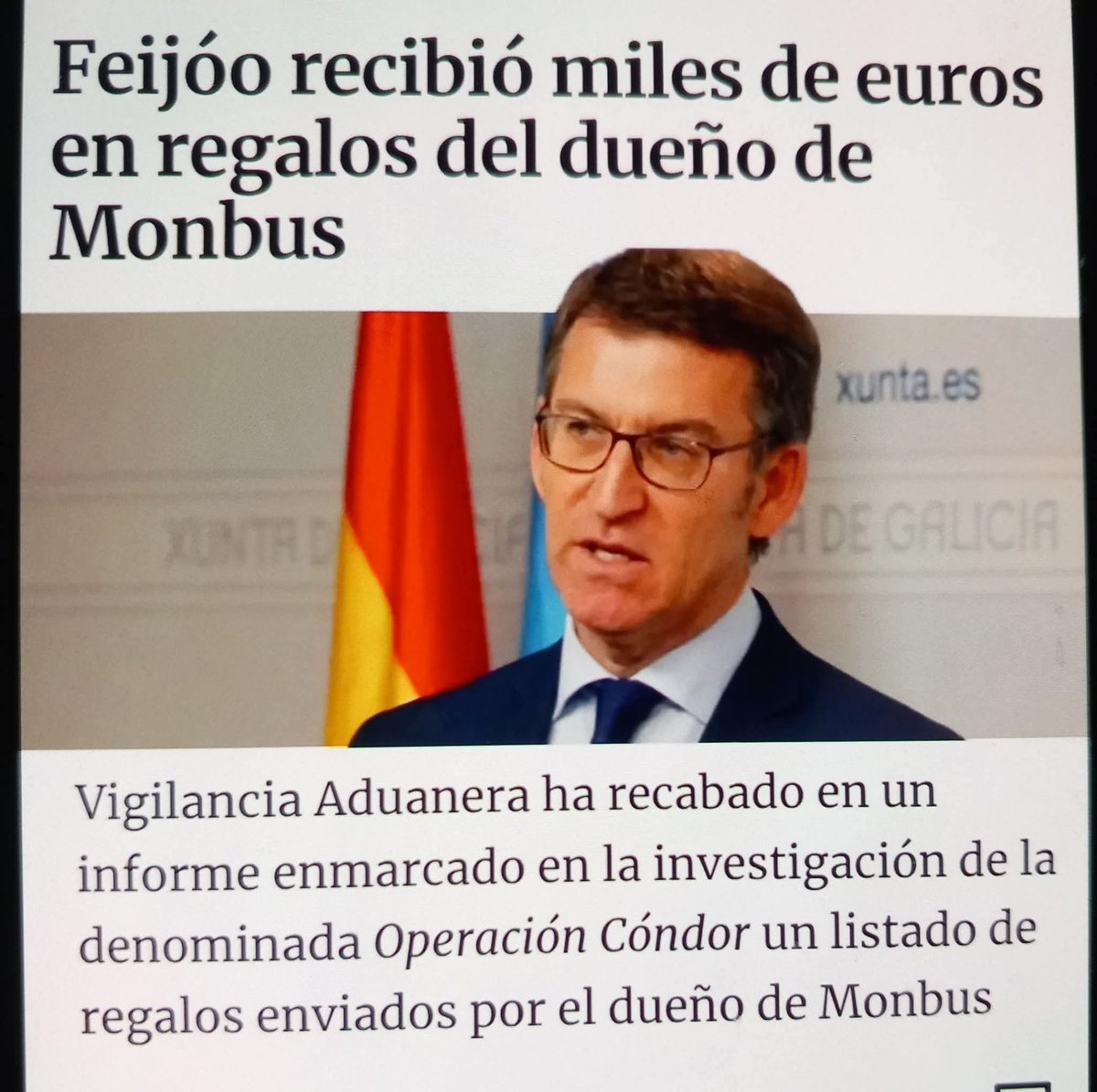 jebl_'s tweet photo. La Operación Cóndor al desnudo: miles de euros en "regalos" del dueño de Monbus a Feijóo confirmados por Vigilancia Aduanera. No es cortesía, es la red de favores y clientelismo institucionalizada. Vergüenza e impunidad en estado puro... https://t.co/l51iJL0ppU