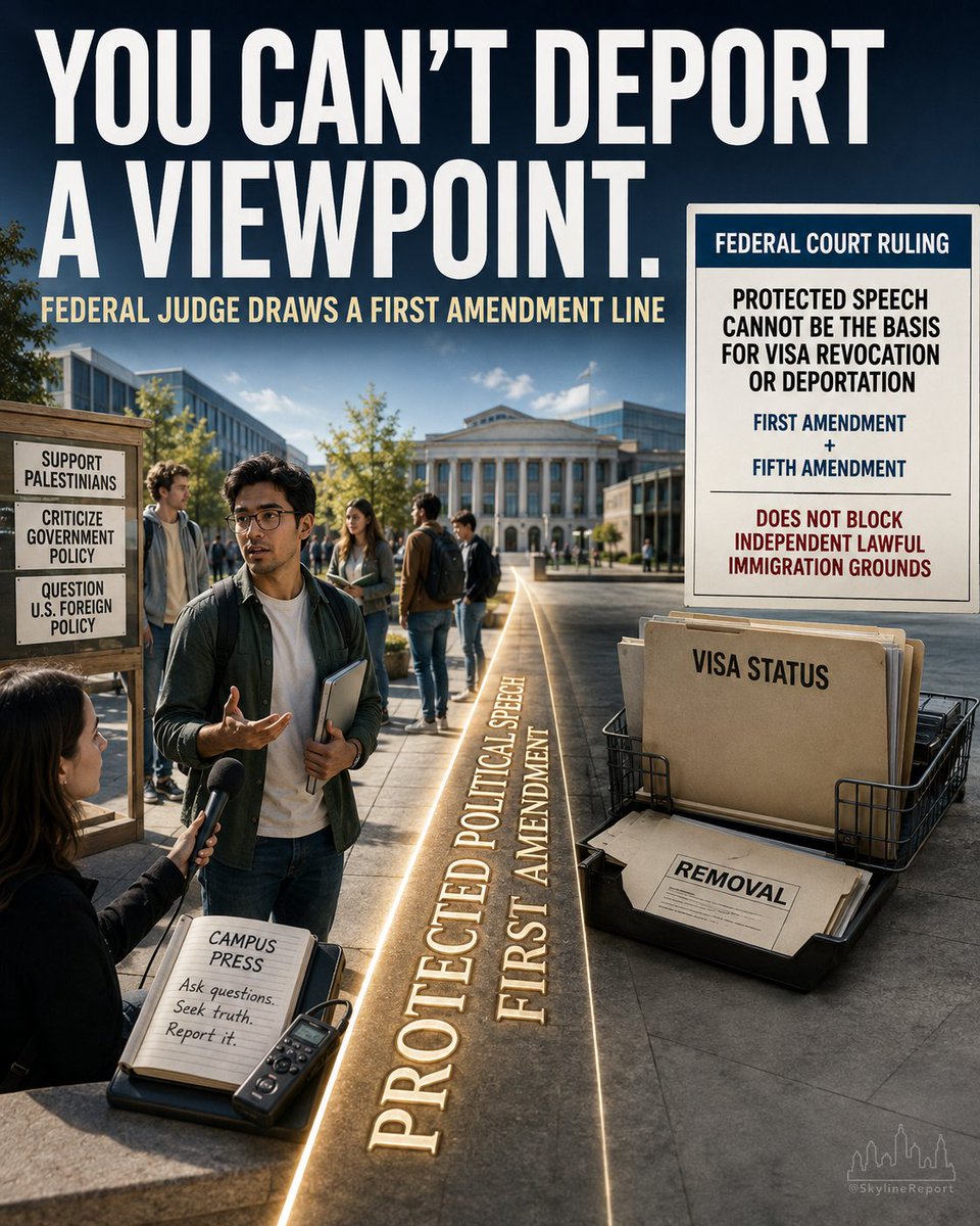 SkylineReport's tweet photo. 🚨 BREAKING:

A federal judge has ruled the Trump administration cannot revoke visas or deport noncitizen students BECAUSE of protected pro-Palestinian or Israel-critical speech.

Judge Noël Wise found First Amendment and due-process violations.

The case was brought by The Stanford Daily, which argued international students were afraid to speak to journalists for fear of immigration retaliation.

This does NOT prevent deportation on independent lawful grounds.

The constitutional line is narrower — and fundamental:

Immigration power cannot be used to punish protected political speech.