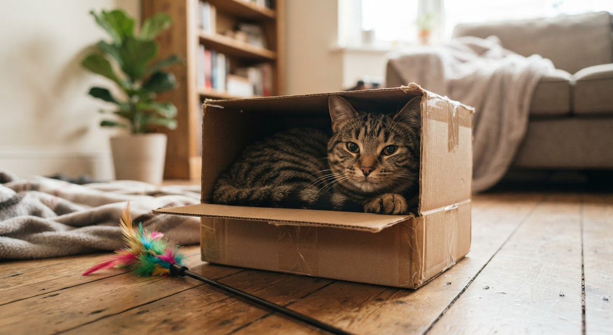 Visions1020241's tweet photo. 新しいおもちゃより……

その「箱」の方が好きなの？📦🐈

狭い場所にすっぽり入る猫ちゃん。

外から身を隠せる場所は、猫にとって落ち着ける空間になることがあります✨

皆さんの愛猫も「箱派」ですか？😂

#猫のいる暮らし #猫好き https://t.co/zP0QKsu4lX