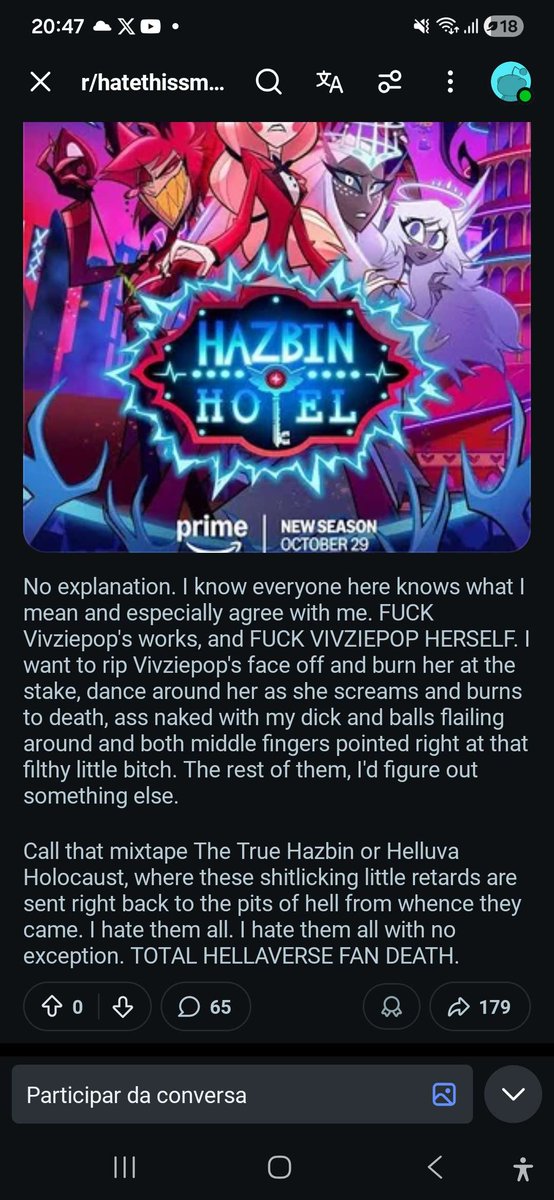 AntiHzbnReceipt's tweet photo. This post comes from the subreddit r/hatethissmug, a subreddit meant to hate on fictional characters. While there are many posts hating on Hazbin characters, none of them target real people, and it is not allowed. 

Title: "I should have full rights to kill anyone who likes this" https://t.co/2D6VEQ2qP8