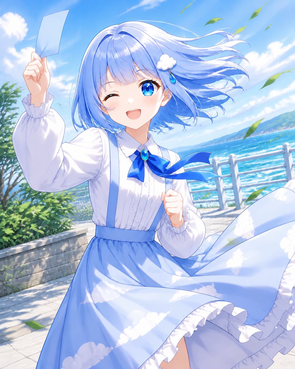 sora_icon's tweet photo. 風、すごいね〜！☁️🍃

髪もリボンも飛んでいきそうだけど、
なんだか気持ちいい♪

#AIイラスト #オリジナルキャラクター #そら https://t.co/YC7MGptd66