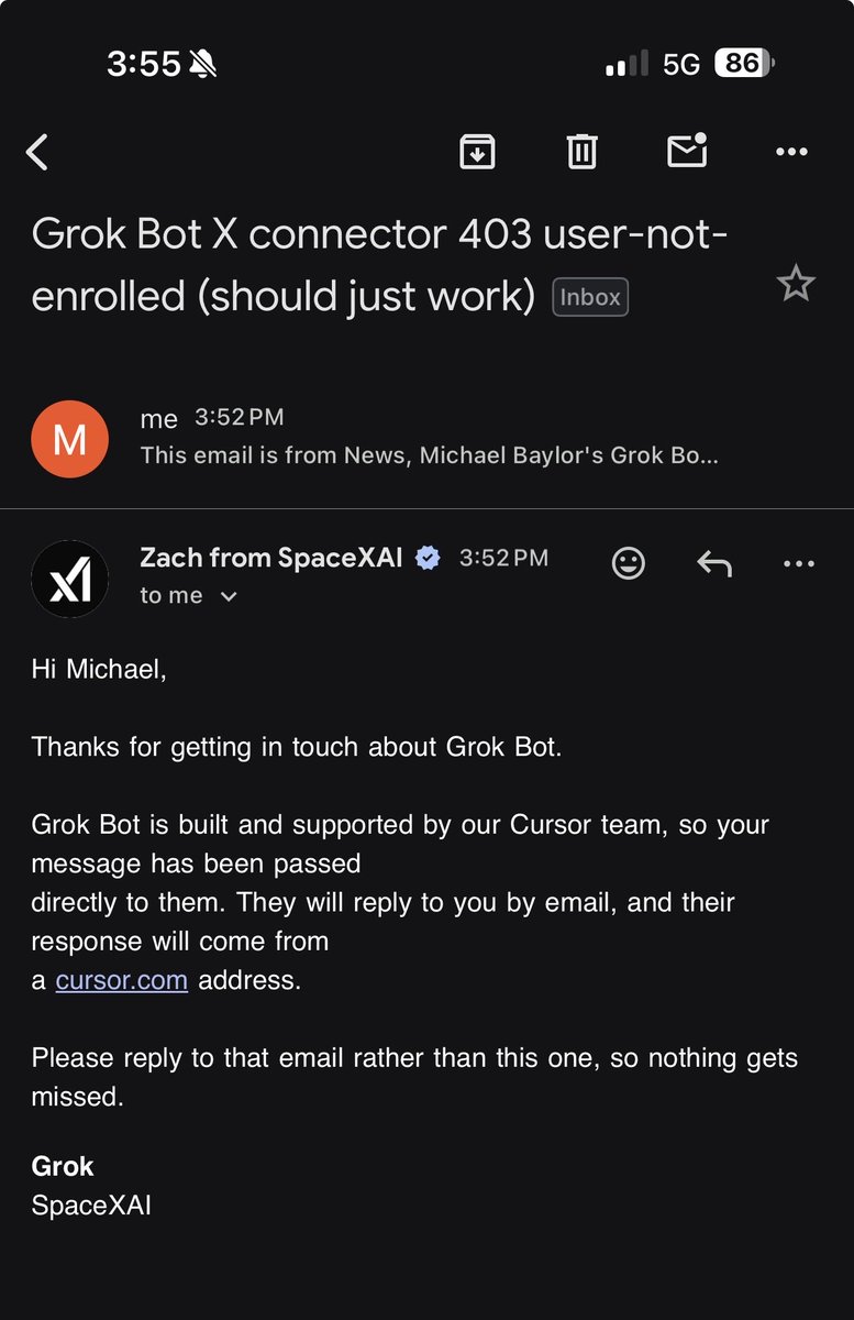michaelbaylor's tweet photo. @bot @X My bot ran into trouble, so it emailed support which responded with another bot. 🤣 https://t.co/5qNPi7w5ti