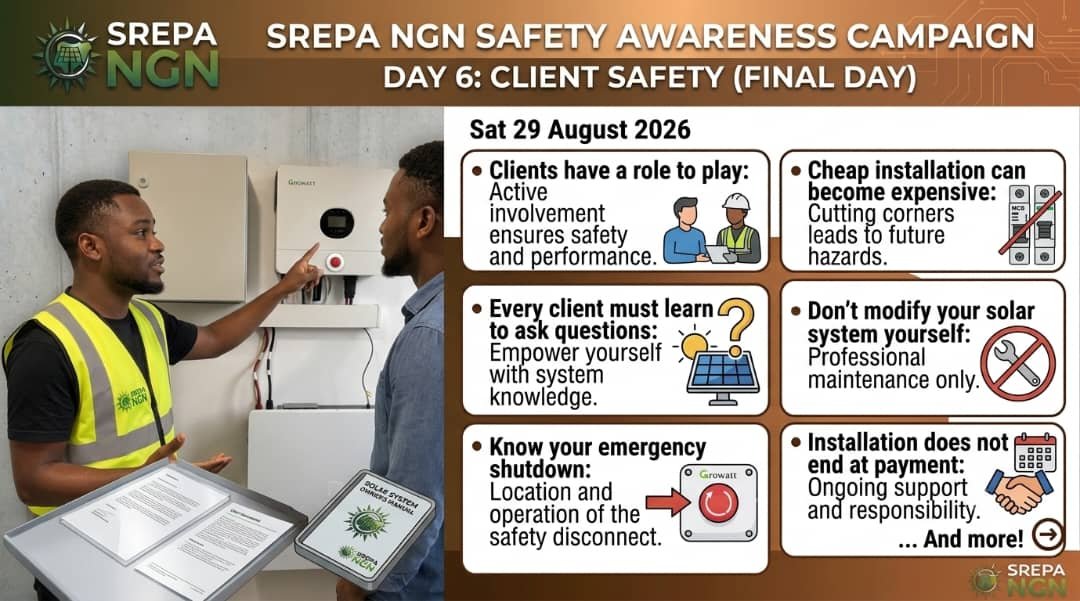 Ejima_Emmanuel's tweet photo. DAY 6 — CLIENT &amp; INDUSTRY SAFETY
SAFETY IS EVERYONE’S RESPONSIBILITY.
For the past five days, we have talked about installer safety, PV and DC safety, battery safety, AC protection, workmanship and fire prevention.
Today, we bring it all together.
#SREPANGN #Awareness https://t.co/oaKVVIM17r
