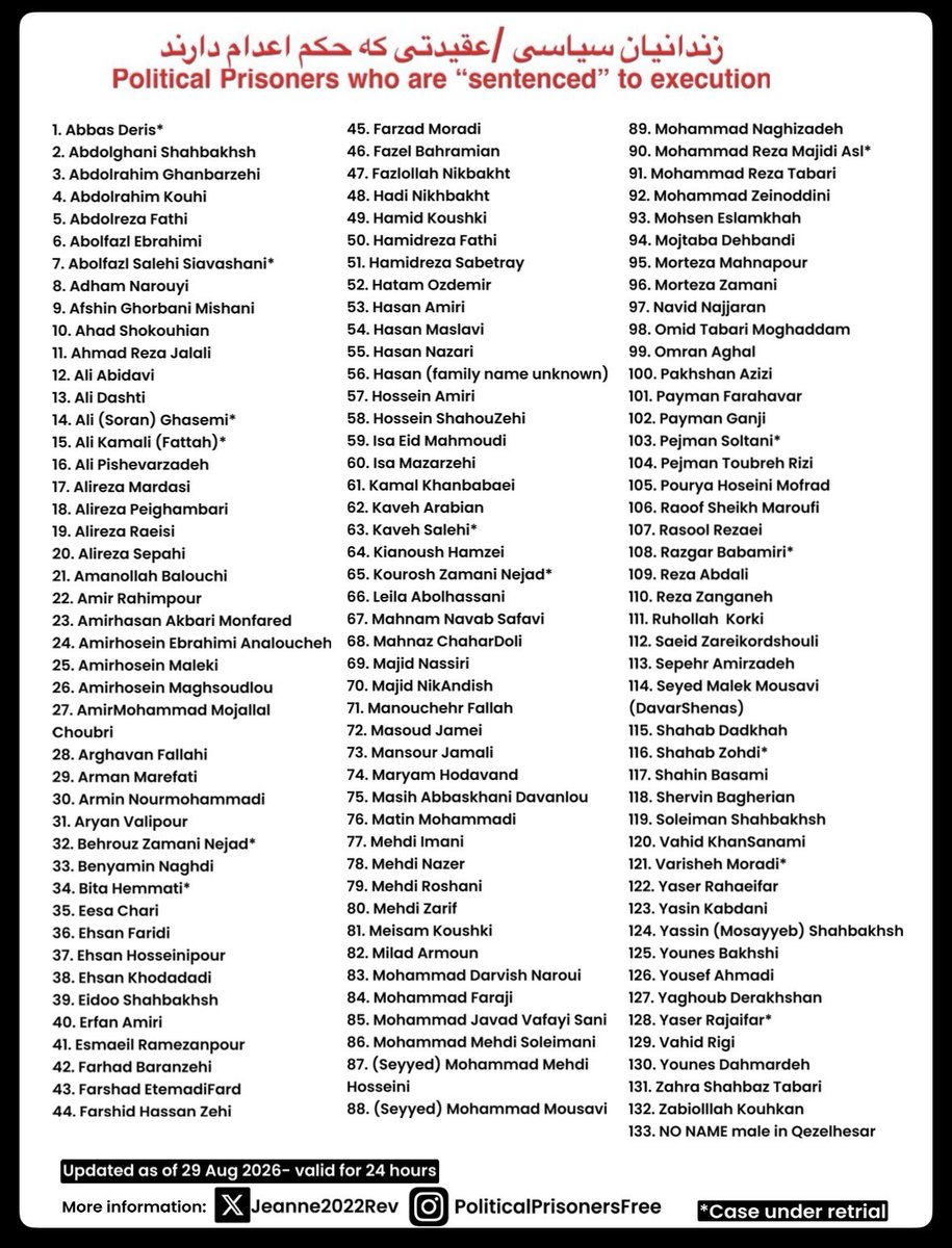 Jeanne2022Rev's tweet photo. Update

🚨Update on Political Prisoners Sentenced to Death as of August 29, 2026

🔴 Reza Zanganeh is sentenced to execution!

🚨At least 133 precious lives are currently at risk of execution

#زندانی_سیاسی_آزاد_باید_گردد https://t.co/FY8Jwj9PyN