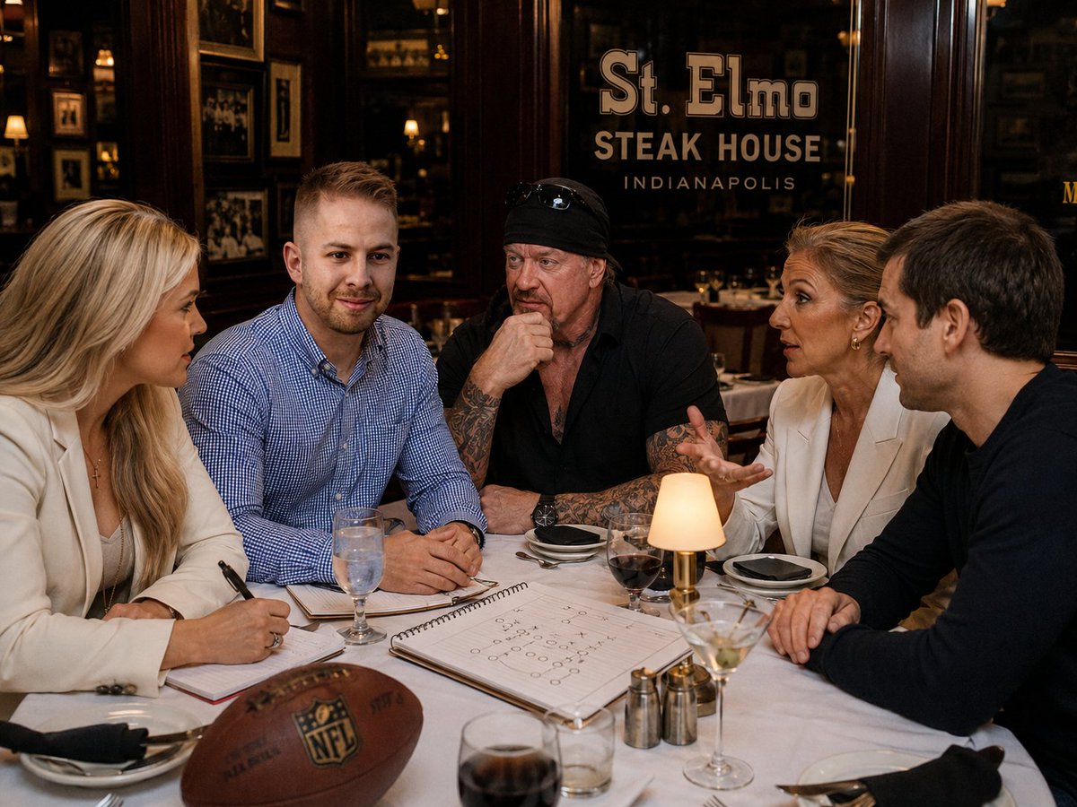 smlcolts's tweet photo. There is still a 99.9% chance we’re taking the Colts. However, a mystery team met with us just before the draft and sent a strong task force to try to sway our decision:

Erika Kirk
The Undertaker
Celine Dion
Tobey Maguire

All worked to sway our decision. https://t.co/6sBnh5FOwD