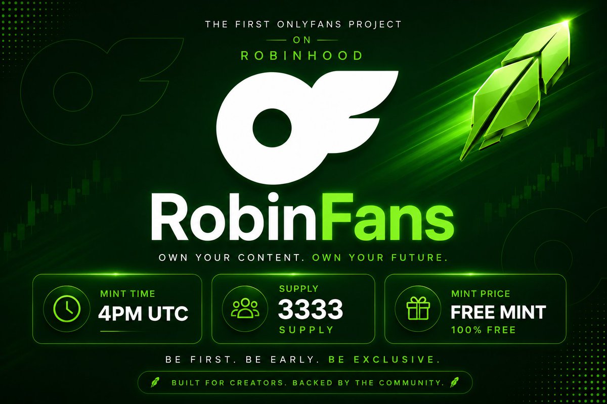 Robinfans_nft's tweet photo. 🟢 ROBIN FANS — MINT DETAILS

⏰ 4PM UTC
💚 FREE MINT
🔢 3333 SUPPLY

⛓️ ROBINHOOD Eligible Communities:
@pyopyopyo410
@GremlinCartel
@btcordinal
@Quotrons404
@0xNTRPY
@OnChainHoodies
@CashmereLabs
@cashcatss
@thefirmbrokers
@MonkeyHoodNFT 

🚨 MISSED YOUR SPOT?First 300 to RT + drop EVM below will be ADDED.
 
🔔FREE SUBSCRIPTION. FIRST COME, FIRST SERVED. 💚