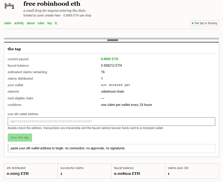 faucetonrh's tweet photo. the faucet is now live.

simply input your wallet, solve the captcha and get rewarded with free robinhood eth. 

creator fees will fund the faucet. we've funded the first 15 claims live right now for people to get funded.

the OG onboarding tool.

https://t.co/PNQufUhXMi https://t.co/n8Hz8tx9Pk