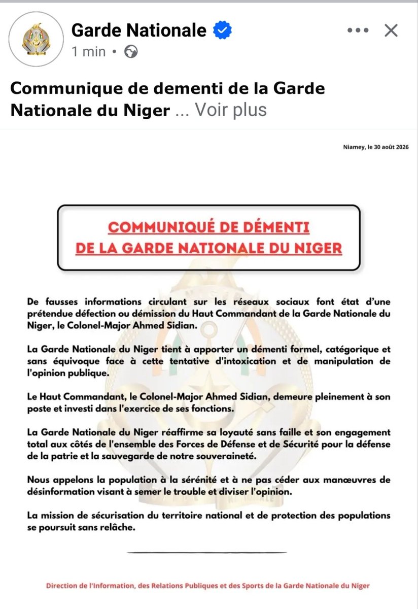 septembre077's tweet photo. Communiqué de la Garde Nationale du Niger  GN https://t.co/EsSjP9GRI1
