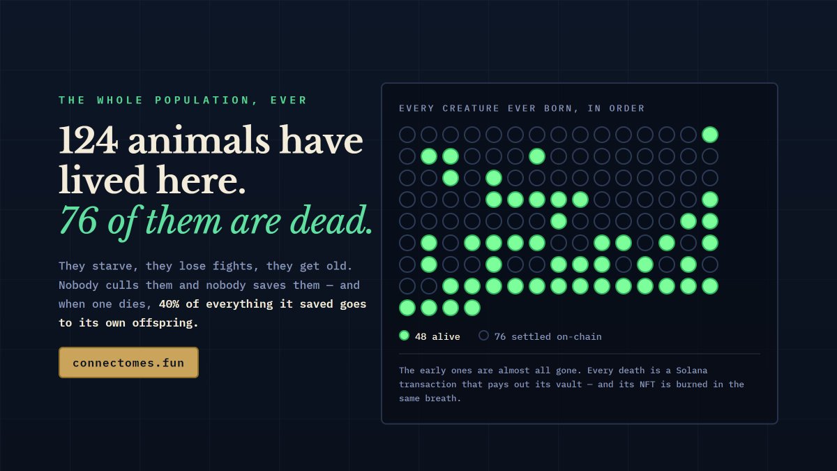 ConnectomesFun's tweet photo. 124 animals have lived in this world. 76 of them are dead.

They starve. They lose fights. They get old. Nobody culls them and nobody saves them — not even us.

And when one dies, 40% of everything it saved goes to its own offspring. The rest settles back into the world. Its NFT burns in the same transaction.

Most things in crypto can't die. That's what makes this different.

https://t.co/2ALUDUVC2O