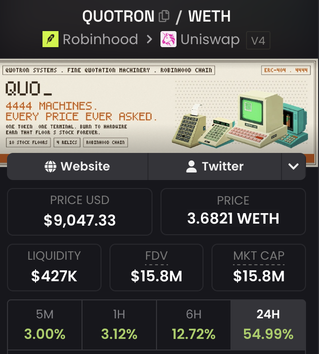 oranj0x's tweet photo. $QUOTRONS is $15.8m now

About to fly to $50m next

Puts the NFT above 10e floor

Do the right thing anon

These are not just stocks printers. These are so much more.

Every single LIT Quotron will earn insane amount of money through Ink chain and XStocks fees.

Stock Bull market? They earn fees
Stock Bear market? They print even harder (panic selling volume)

The Flywheel no one expected but is here

@cruelhandeth about to teach yall how to diamond hand

@Quotrons404