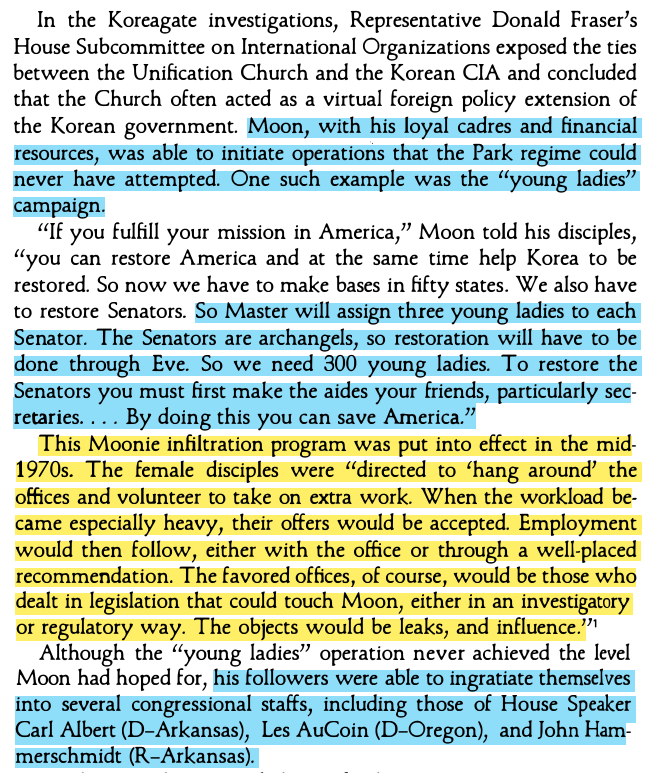 toxictiramisu's tweet photo. Moonies were a sεx cult whose leader held orgiεs w/ girls as purification rituals. Through their church, they infiltrated the US gov, using young girls to sεxually blackmail politicians to advance South Korean interests &amp; establish a worldwide theocracy under their leader's rule. https://t.co/sj0eOF0SDn